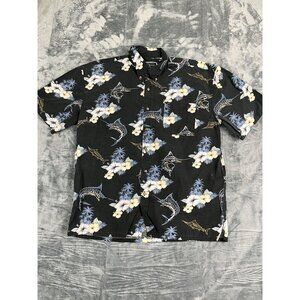Field & Stream Mens Short Sleeve Hawaiian Shirt Marlin & Tropical Print Black XL